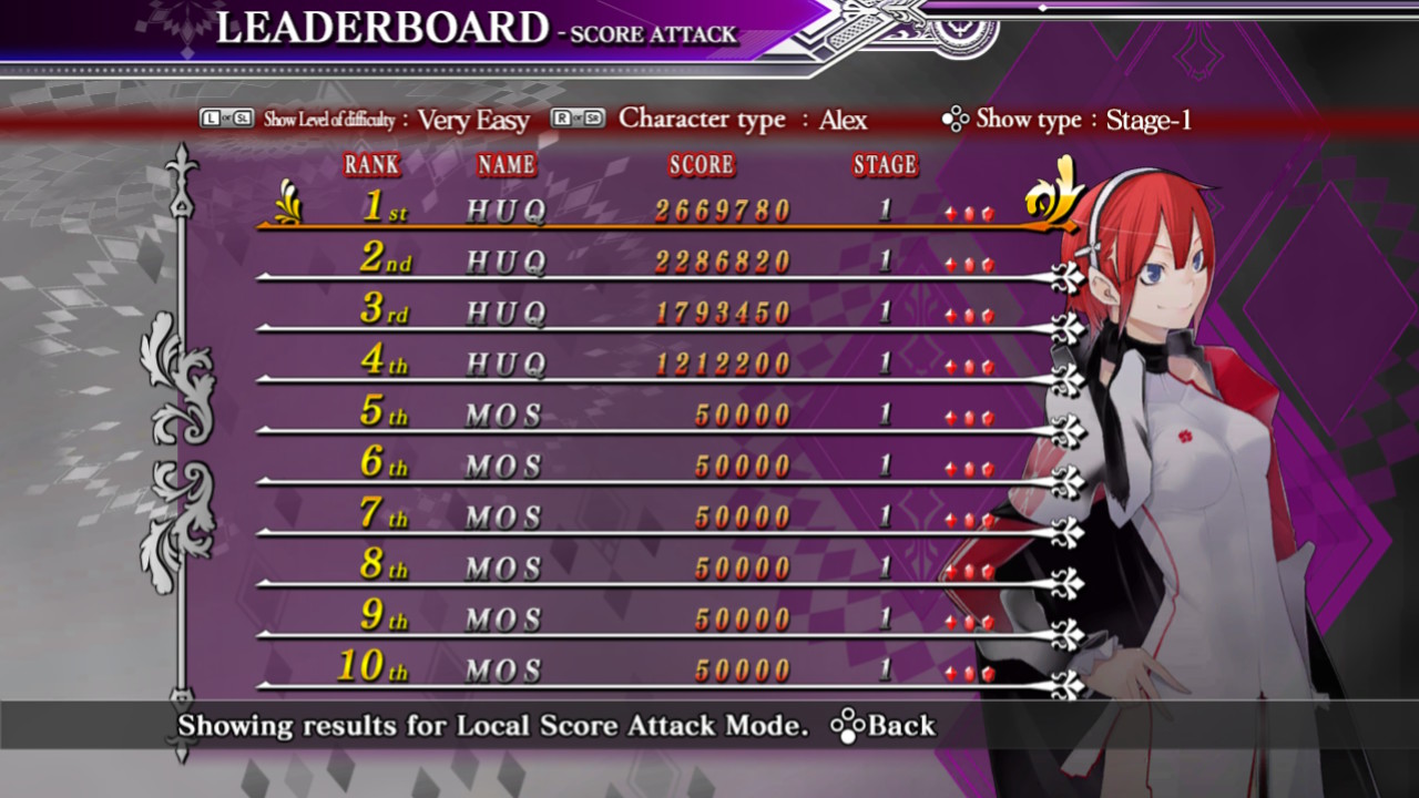 Screenshot: Caladrius Blaze local leaderboards of Score Attack mode of Stage 1 on Very Easy difficulty with character Alex showing HUQ at 1st place with a score of 2 669 780
